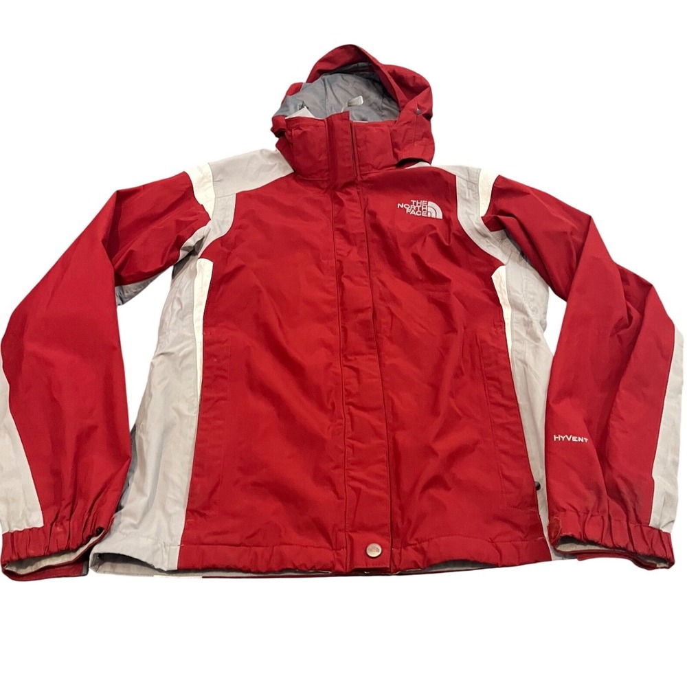 The North Face HyVent Jacket Womens S Red Gray Hooded Waterproof Shell